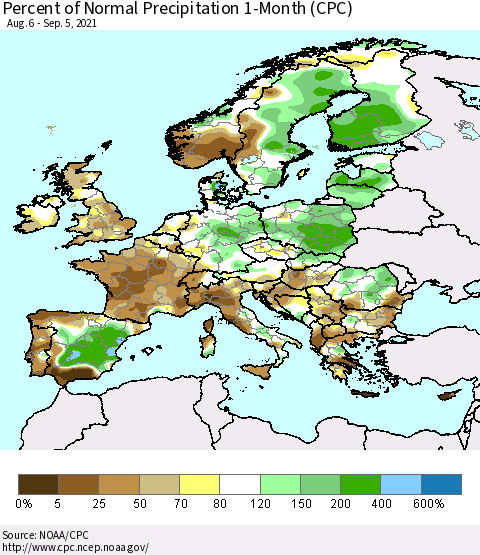 Europe Percent of Normal Precipitation 1-Month (CPC) Thematic Map For 8/6/2021 - 9/5/2021