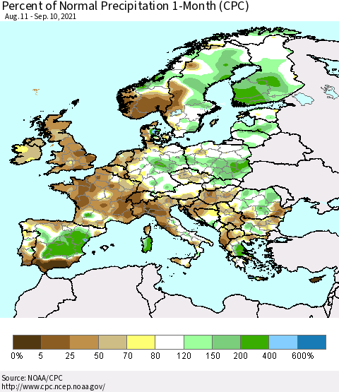 Europe Percent of Normal Precipitation 1-Month (CPC) Thematic Map For 8/11/2021 - 9/10/2021