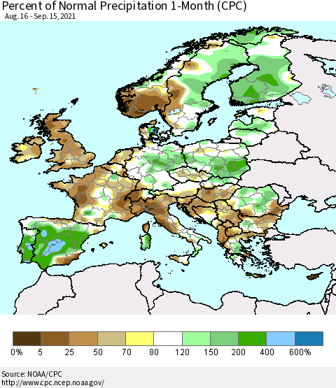 Europe Percent of Normal Precipitation 1-Month (CPC) Thematic Map For 8/16/2021 - 9/15/2021
