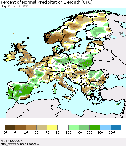 Europe Percent of Normal Precipitation 1-Month (CPC) Thematic Map For 8/21/2021 - 9/20/2021