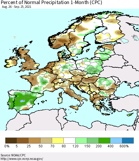 Europe Percent of Normal Precipitation 1-Month (CPC) Thematic Map For 8/26/2021 - 9/25/2021