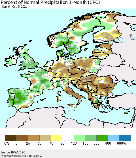Europe Percent of Normal Precipitation 1-Month (CPC) Thematic Map For 9/6/2021 - 10/5/2021