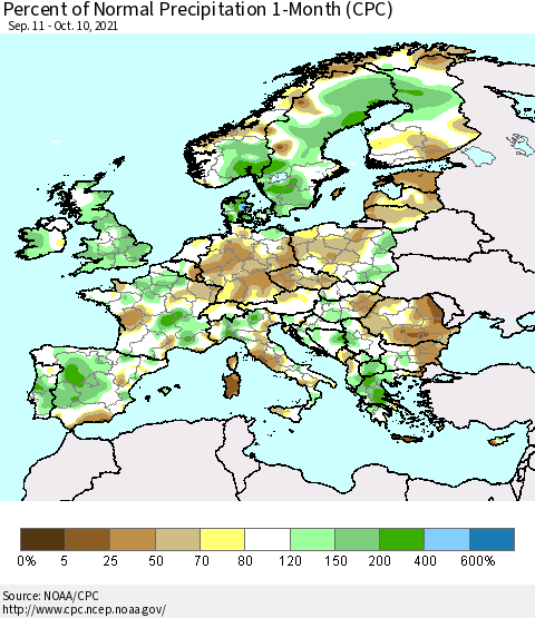 Europe Percent of Normal Precipitation 1-Month (CPC) Thematic Map For 9/11/2021 - 10/10/2021