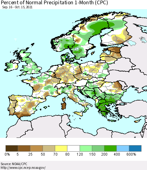 Europe Percent of Normal Precipitation 1-Month (CPC) Thematic Map For 9/16/2021 - 10/15/2021
