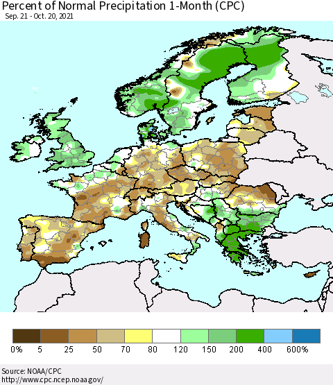 Europe Percent of Normal Precipitation 1-Month (CPC) Thematic Map For 9/21/2021 - 10/20/2021