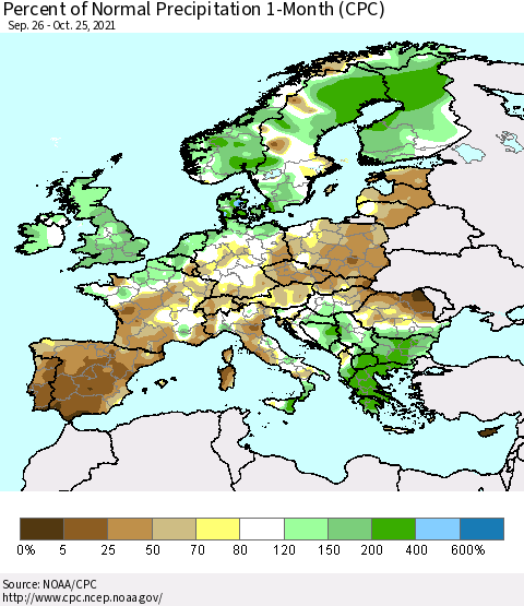 Europe Percent of Normal Precipitation 1-Month (CPC) Thematic Map For 9/26/2021 - 10/25/2021