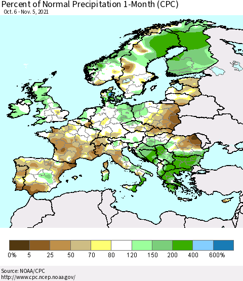 Europe Percent of Normal Precipitation 1-Month (CPC) Thematic Map For 10/6/2021 - 11/5/2021