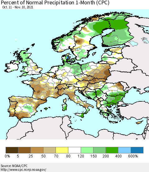 Europe Percent of Normal Precipitation 1-Month (CPC) Thematic Map For 10/11/2021 - 11/10/2021