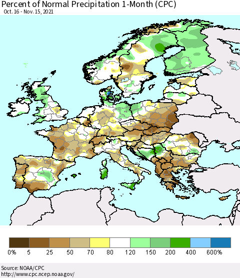 Europe Percent of Normal Precipitation 1-Month (CPC) Thematic Map For 10/16/2021 - 11/15/2021