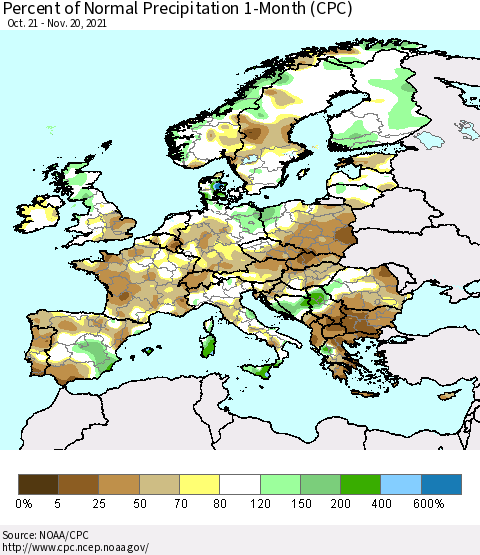 Europe Percent of Normal Precipitation 1-Month (CPC) Thematic Map For 10/21/2021 - 11/20/2021