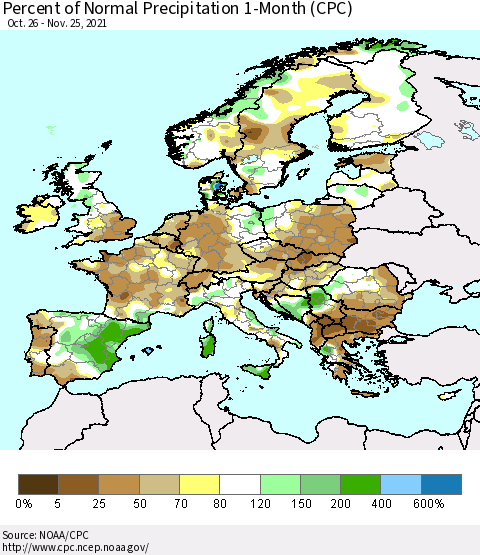 Europe Percent of Normal Precipitation 1-Month (CPC) Thematic Map For 10/26/2021 - 11/25/2021