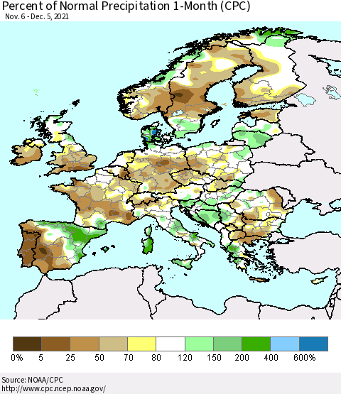 Europe Percent of Normal Precipitation 1-Month (CPC) Thematic Map For 11/6/2021 - 12/5/2021