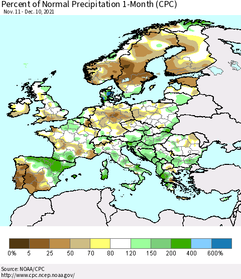 Europe Percent of Normal Precipitation 1-Month (CPC) Thematic Map For 11/11/2021 - 12/10/2021