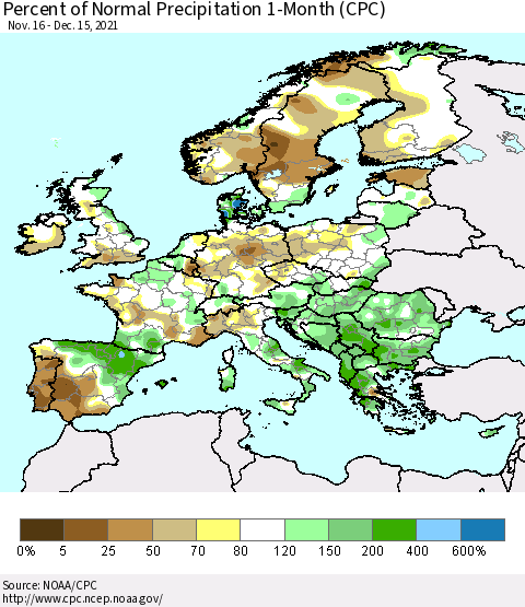 Europe Percent of Normal Precipitation 1-Month (CPC) Thematic Map For 11/16/2021 - 12/15/2021