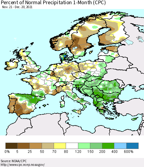 Europe Percent of Normal Precipitation 1-Month (CPC) Thematic Map For 11/21/2021 - 12/20/2021