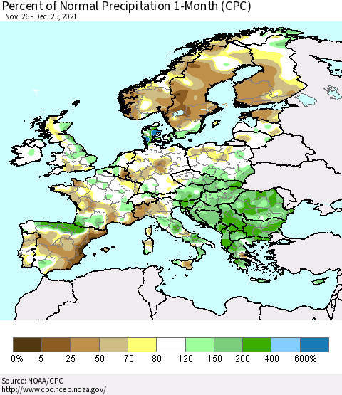 Europe Percent of Normal Precipitation 1-Month (CPC) Thematic Map For 11/26/2021 - 12/25/2021