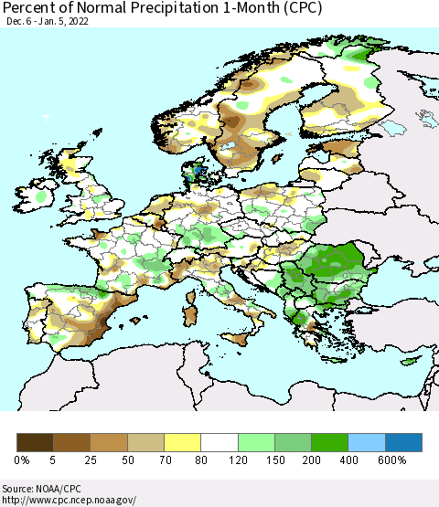 Europe Percent of Normal Precipitation 1-Month (CPC) Thematic Map For 12/6/2021 - 1/5/2022