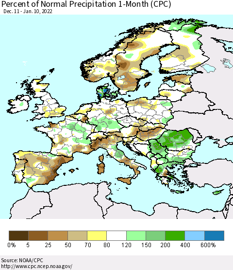 Europe Percent of Normal Precipitation 1-Month (CPC) Thematic Map For 12/11/2021 - 1/10/2022