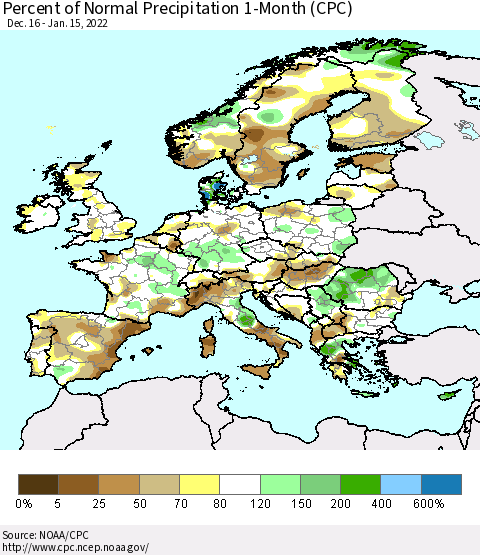 Europe Percent of Normal Precipitation 1-Month (CPC) Thematic Map For 12/16/2021 - 1/15/2022
