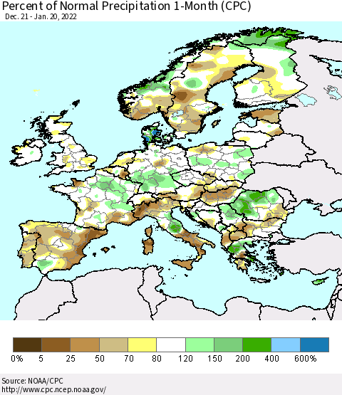 Europe Percent of Normal Precipitation 1-Month (CPC) Thematic Map For 12/21/2021 - 1/20/2022