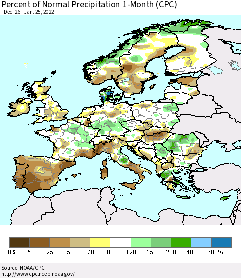 Europe Percent of Normal Precipitation 1-Month (CPC) Thematic Map For 12/26/2021 - 1/25/2022