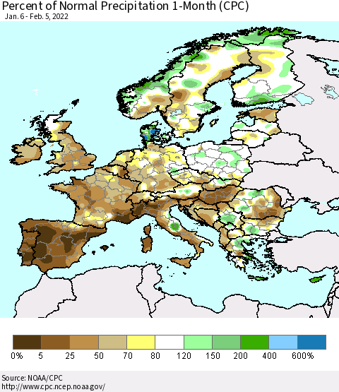 Europe Percent of Normal Precipitation 1-Month (CPC) Thematic Map For 1/6/2022 - 2/5/2022