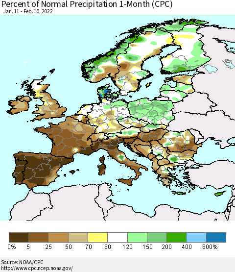 Europe Percent of Normal Precipitation 1-Month (CPC) Thematic Map For 1/11/2022 - 2/10/2022