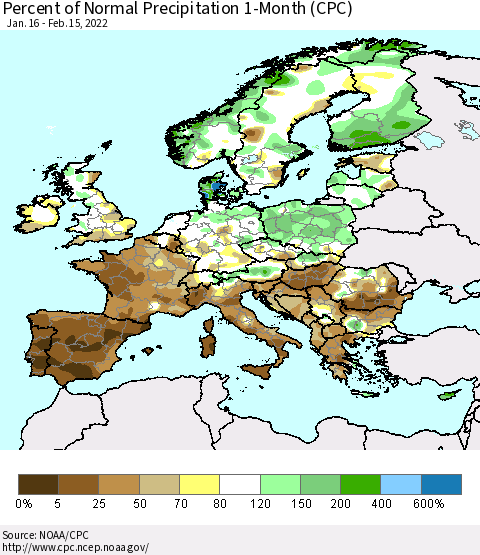 Europe Percent of Normal Precipitation 1-Month (CPC) Thematic Map For 1/16/2022 - 2/15/2022