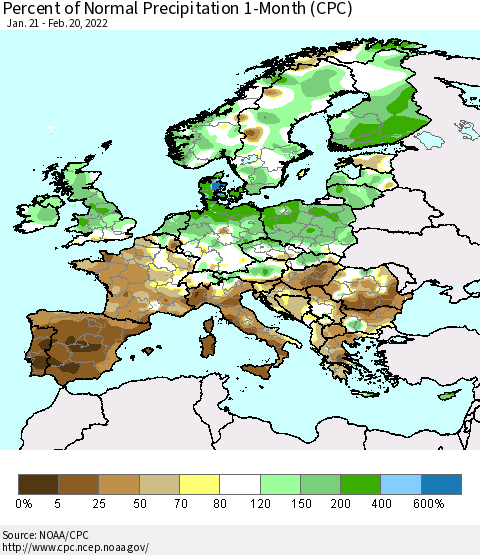 Europe Percent of Normal Precipitation 1-Month (CPC) Thematic Map For 1/21/2022 - 2/20/2022
