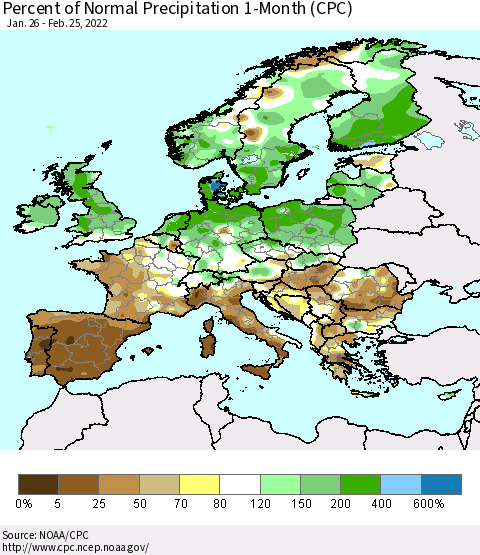 Europe Percent of Normal Precipitation 1-Month (CPC) Thematic Map For 1/26/2022 - 2/25/2022