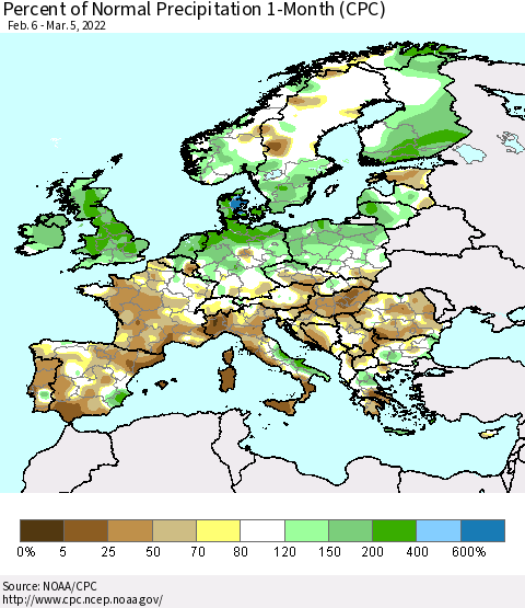 Europe Percent of Normal Precipitation 1-Month (CPC) Thematic Map For 2/6/2022 - 3/5/2022