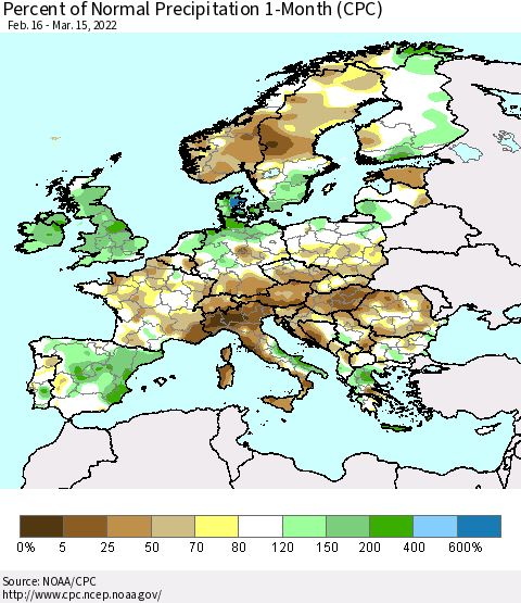 Europe Percent of Normal Precipitation 1-Month (CPC) Thematic Map For 2/16/2022 - 3/15/2022