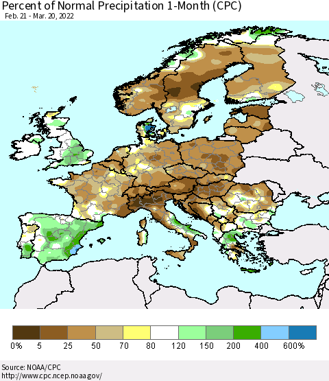 Europe Percent of Normal Precipitation 1-Month (CPC) Thematic Map For 2/21/2022 - 3/20/2022