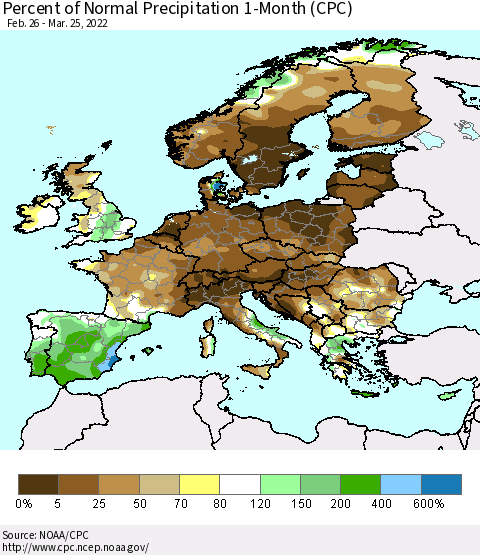Europe Percent of Normal Precipitation 1-Month (CPC) Thematic Map For 2/26/2022 - 3/25/2022