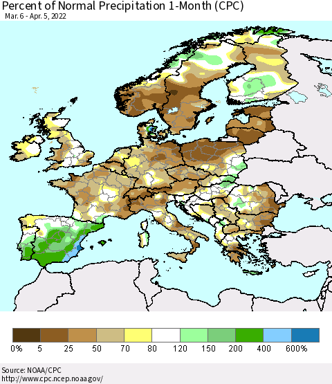 Europe Percent of Normal Precipitation 1-Month (CPC) Thematic Map For 3/6/2022 - 4/5/2022