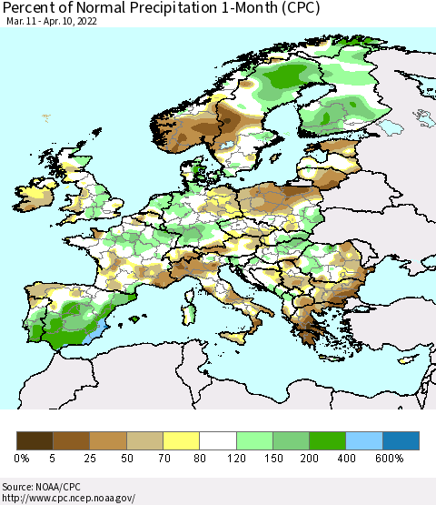 Europe Percent of Normal Precipitation 1-Month (CPC) Thematic Map For 3/11/2022 - 4/10/2022