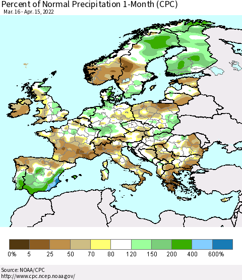 Europe Percent of Normal Precipitation 1-Month (CPC) Thematic Map For 3/16/2022 - 4/15/2022