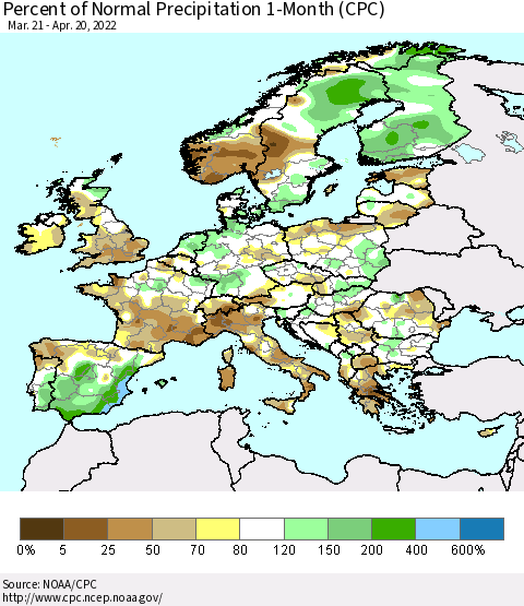 Europe Percent of Normal Precipitation 1-Month (CPC) Thematic Map For 3/21/2022 - 4/20/2022