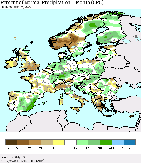 Europe Percent of Normal Precipitation 1-Month (CPC) Thematic Map For 3/26/2022 - 4/25/2022