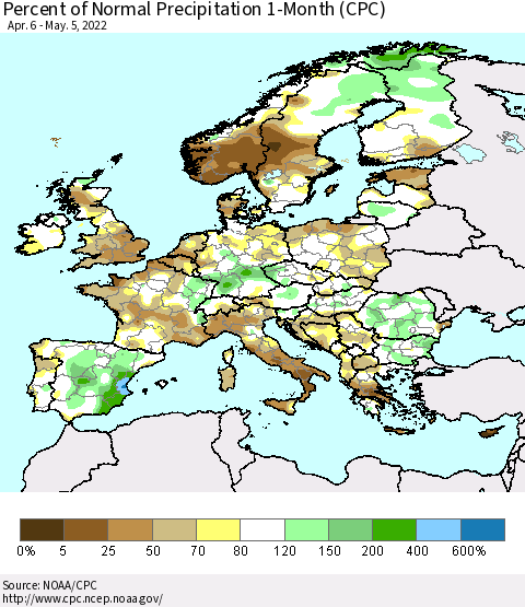 Europe Percent of Normal Precipitation 1-Month (CPC) Thematic Map For 4/6/2022 - 5/5/2022