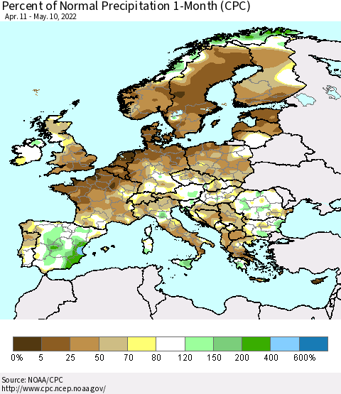 Europe Percent of Normal Precipitation 1-Month (CPC) Thematic Map For 4/11/2022 - 5/10/2022