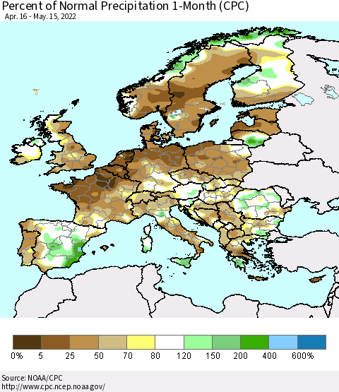 Europe Percent of Normal Precipitation 1-Month (CPC) Thematic Map For 4/16/2022 - 5/15/2022