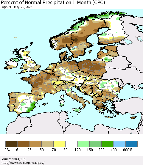 Europe Percent of Normal Precipitation 1-Month (CPC) Thematic Map For 4/21/2022 - 5/20/2022
