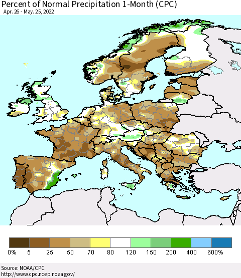 Europe Percent of Normal Precipitation 1-Month (CPC) Thematic Map For 4/26/2022 - 5/25/2022