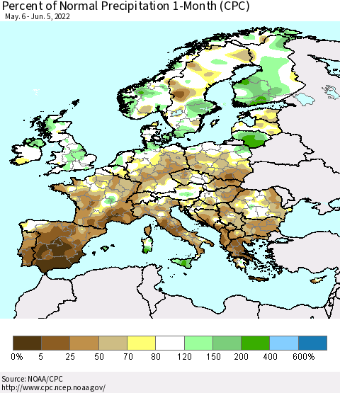 Europe Percent of Normal Precipitation 1-Month (CPC) Thematic Map For 5/6/2022 - 6/5/2022