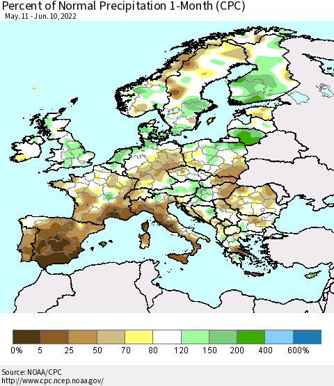 Europe Percent of Normal Precipitation 1-Month (CPC) Thematic Map For 5/11/2022 - 6/10/2022