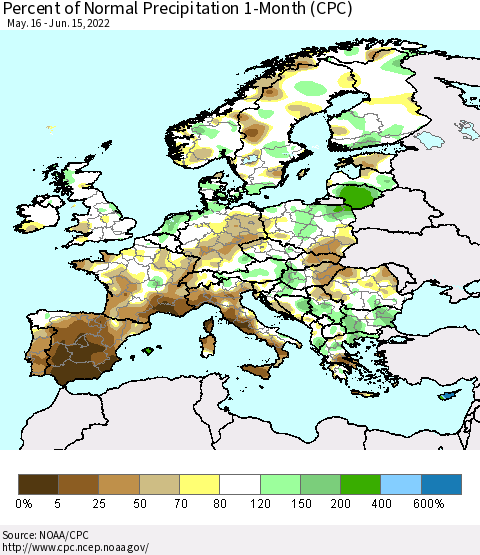 Europe Percent of Normal Precipitation 1-Month (CPC) Thematic Map For 5/16/2022 - 6/15/2022