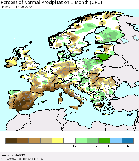 Europe Percent of Normal Precipitation 1-Month (CPC) Thematic Map For 5/21/2022 - 6/20/2022