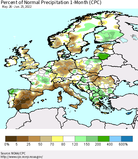 Europe Percent of Normal Precipitation 1-Month (CPC) Thematic Map For 5/26/2022 - 6/25/2022