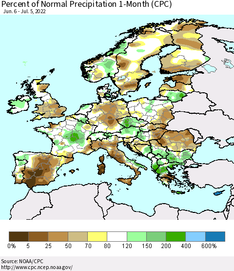 Europe Percent of Normal Precipitation 1-Month (CPC) Thematic Map For 6/6/2022 - 7/5/2022